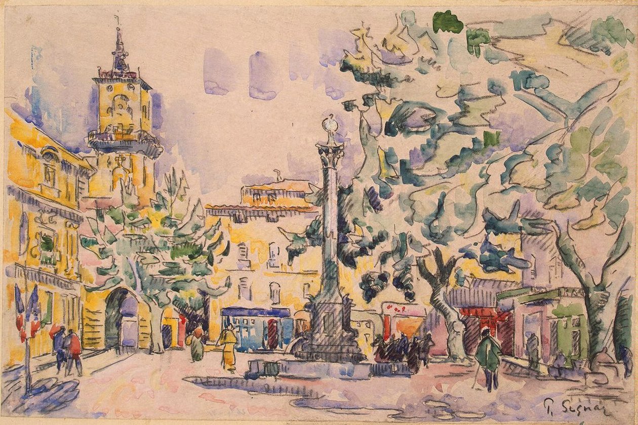 ساحة Hotel de Ville في Aix-en-Provence (قلم وحبر مع ألوان مائية وغواش على ورق) بواسطة بول سينياك