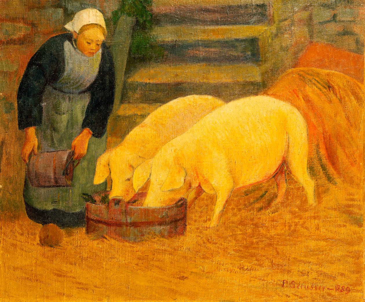فتاة صغيرة تطعم خنازير 1889 بواسطة بول سيروسييه
