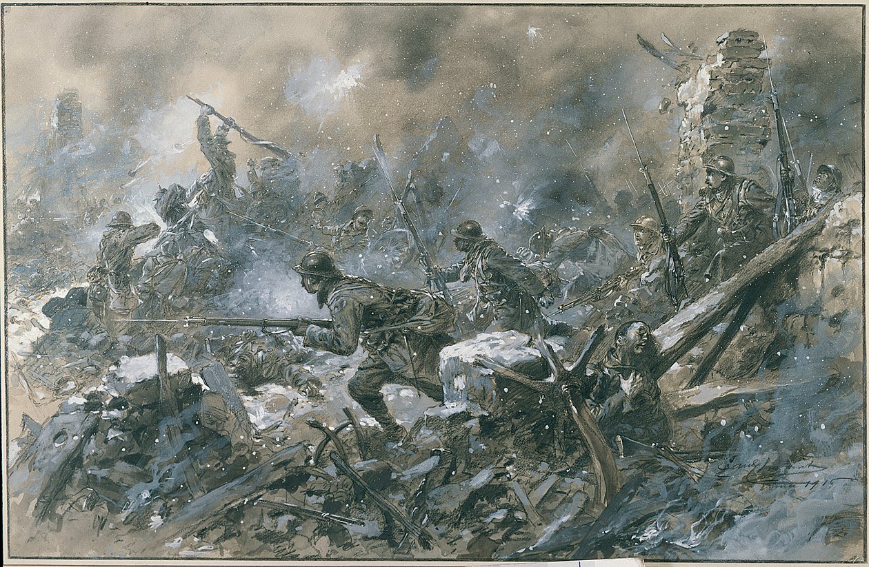 الحرب العالمية الأولى (1914-1918): "" هجوم مضاد في قرية فو في عام 1916 على جبهة فردان "" لوحة مائية لبول ثريات باريس. Musee ، Des deux guerre Mondiale DR - هجوم مضاد فرنسي على قرية فو بالقرب من فردان بواسطة بول تيريات