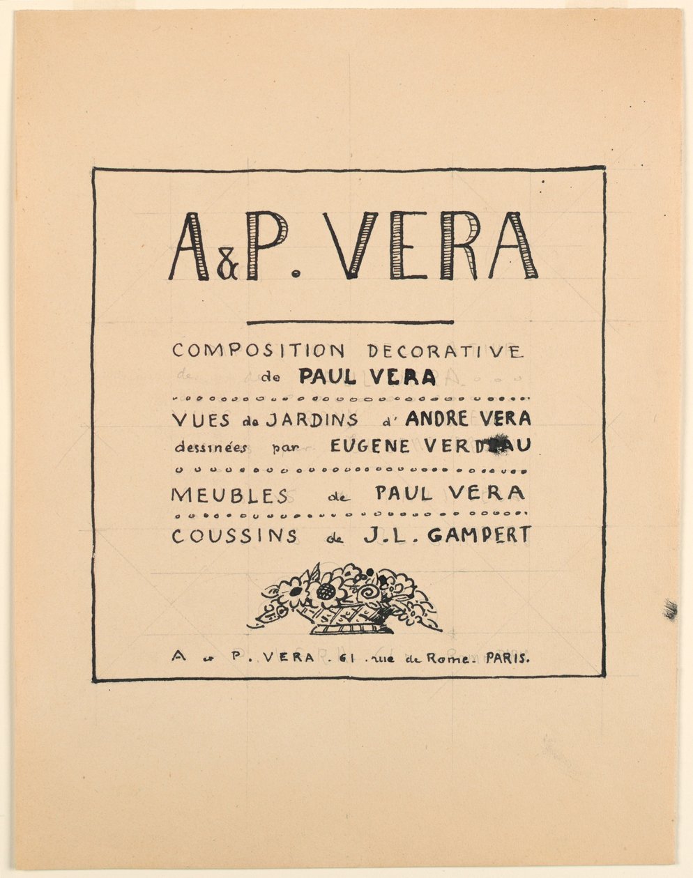 الرسم ، صفحة العنوان ، A & P Vera ، تكوين زخرفي بواسطة Paul Vera / مناظر لحدائق André Vera رسمها Eugène Verdeau / الأثاث بواسطة Paul Vera / Cushions بواسطة J.L Gampert ، 1912-1919 بواسطة بول فيرا