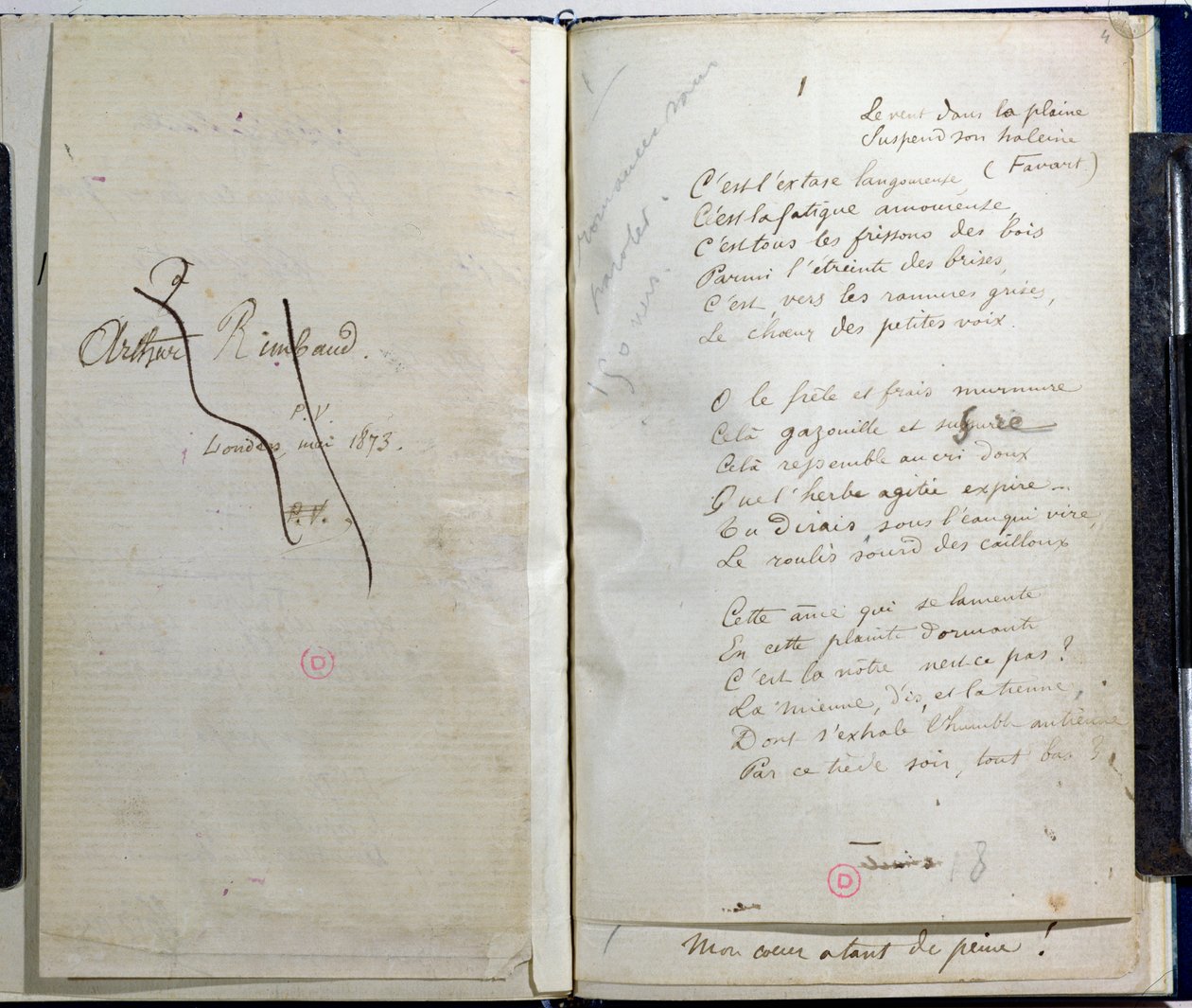 صفحات مكتوبة بخط اليد من "Romances Sans Paroles" مع تفاني متقاطع مع آرثر رامبو ، 1873 بواسطة بول فيرلين