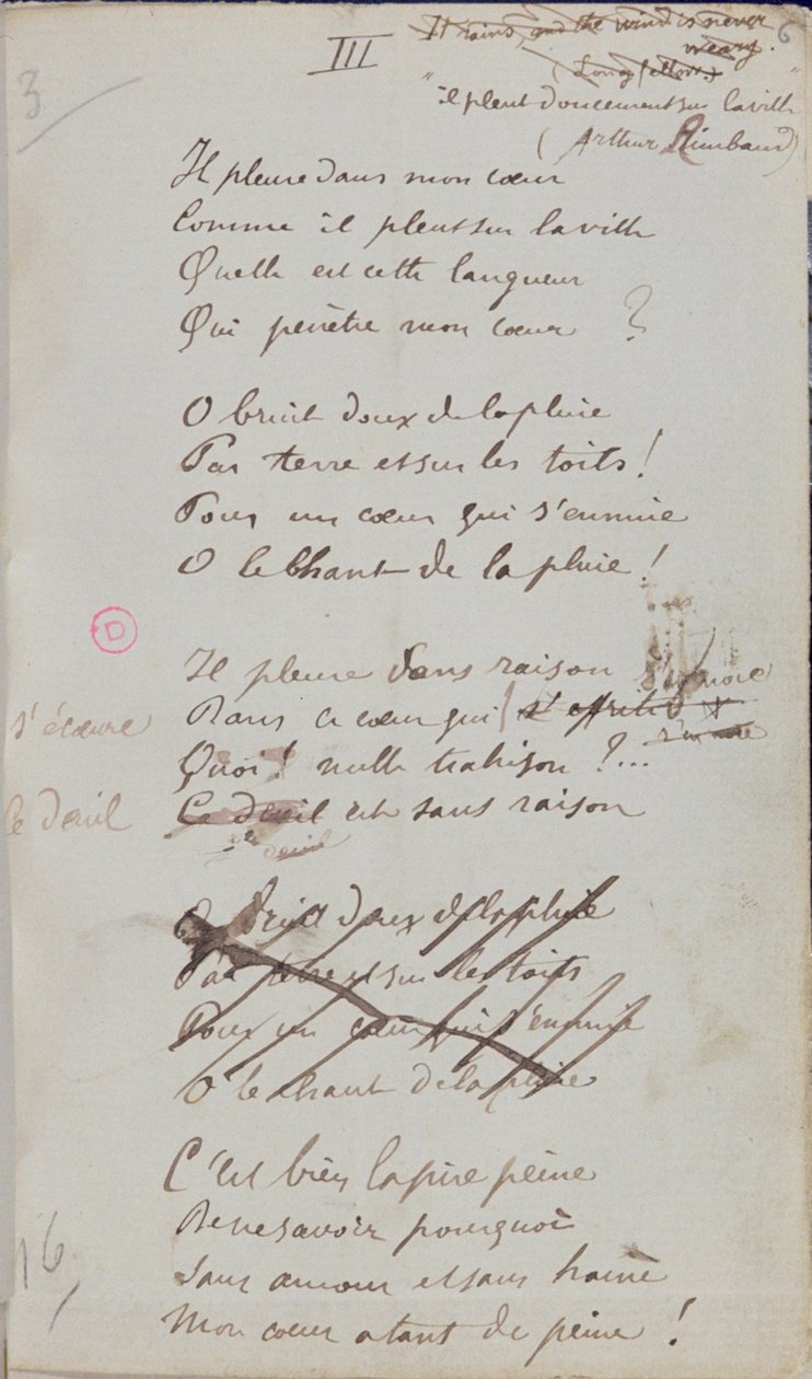"إنها تبكي في قلبي ، لأنها تمطر على المدينة ..." ، قصيدة مكتوبة بخط اليد من "Romances Sans Paroles" ، 1873 (قلم وحبر على ورق) بواسطة بول فيرلين