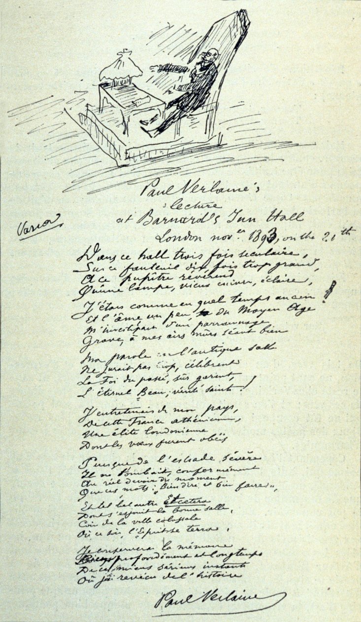 علامة قصيدة للشاعر الفرنسي بول فيرلين (1844-1896) مع رسم تخطيطي للممثل أثناء القراءة. 21/11/1893 بواسطة بول فيرلين