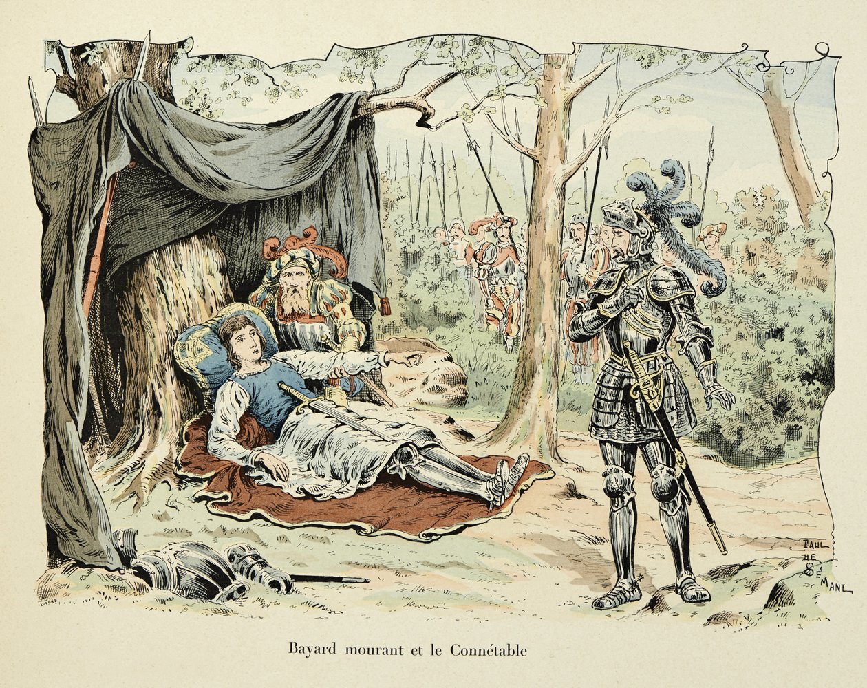 رسم إيضاحي مأخوذ من كتاب "Histoire du chevalier Bayard" بقلم ثيودور كاهو ، رسمه بول دي سيمانت (1855-1915): بايارد يحتضر ولو كونيتابل دي بوربون 1524 بواسطة بول دي سيمانت