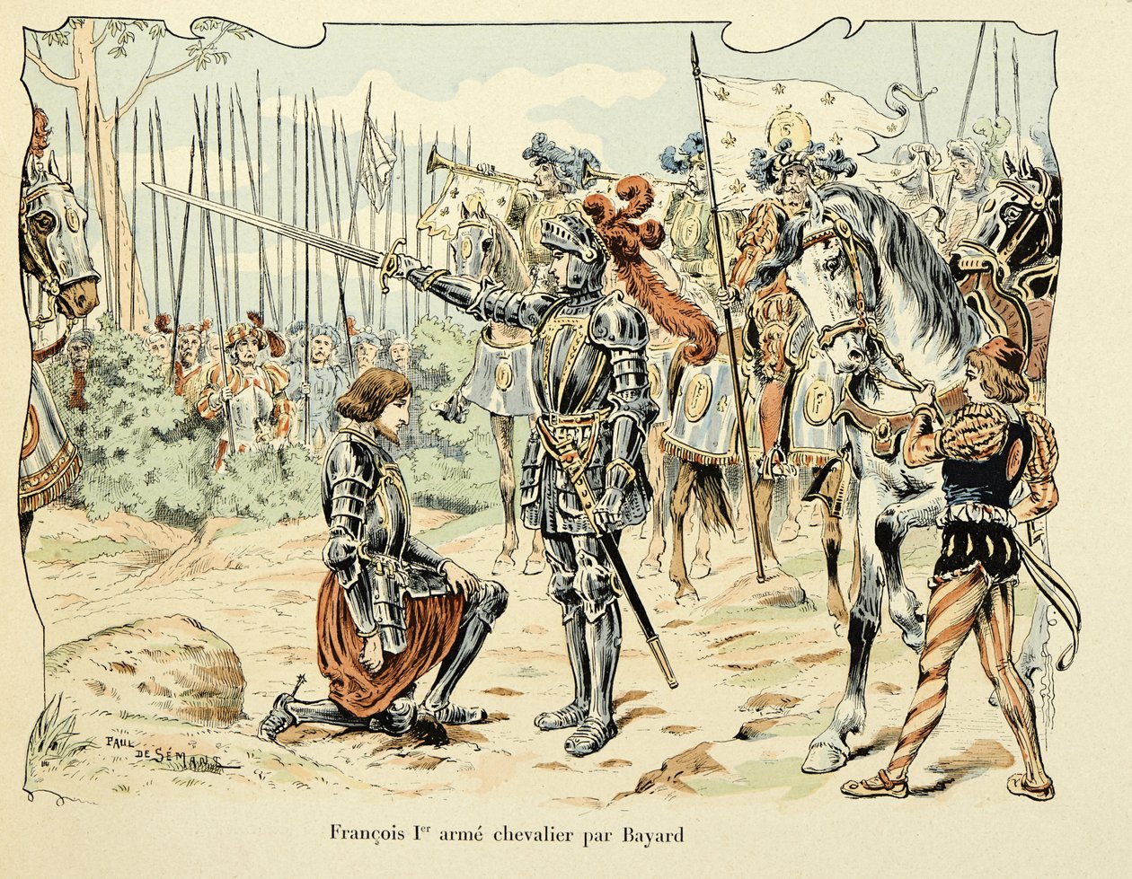 Illustration taken from the book “Histoire du chevalier Bayard “” by Theodore Cahu, illustrated by Paul De Semant (1855-1915): Francois 1, er arme chevalier par Bayard 1515 بواسطة بول دي سيمانت