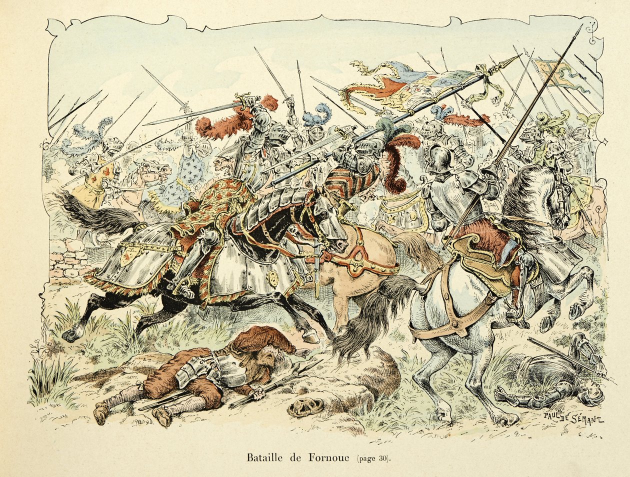 Illustration taken from the book “Histoire du chevalier Bayard “” by Theodore Cahu, illustrated by Paul De Semant (1855-1915): Battle of Fornoua 1495 بواسطة بول دي سيمانت