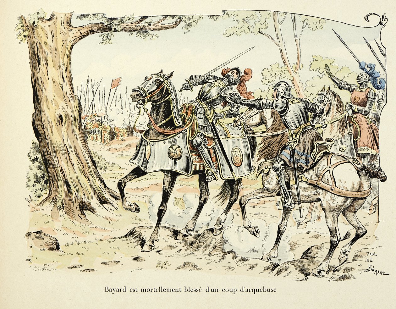 رسم توضيحي مأخوذ من كتاب "Histoire du chevalier Bayard" بقلم ثيودور كاهو ، مصور من قبل بول دي سيمانت (1855-1915): جروح بايارد مميتة برصاصة من Arquebuse 1524 بواسطة بول دي سيمانت