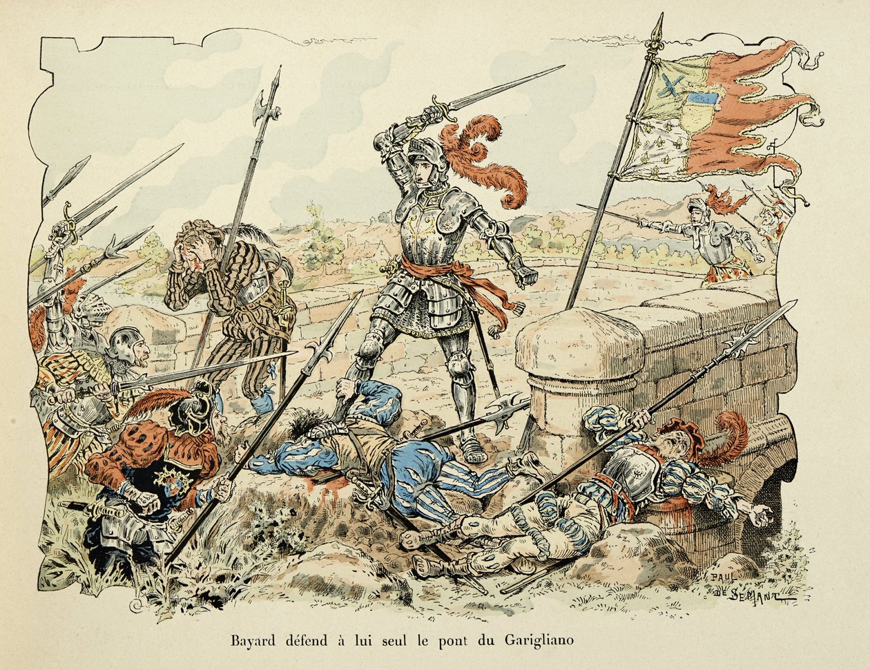 رسم توضيحي مأخوذ من كتاب "Histoire du chevalier Bayard" بقلم ثيودور كاهو ، مصور من قبل Paul De Semant (1855-1915): يدافع Bayard فقط عن جسر Garigliano 1504 بواسطة بول دي سيمانت