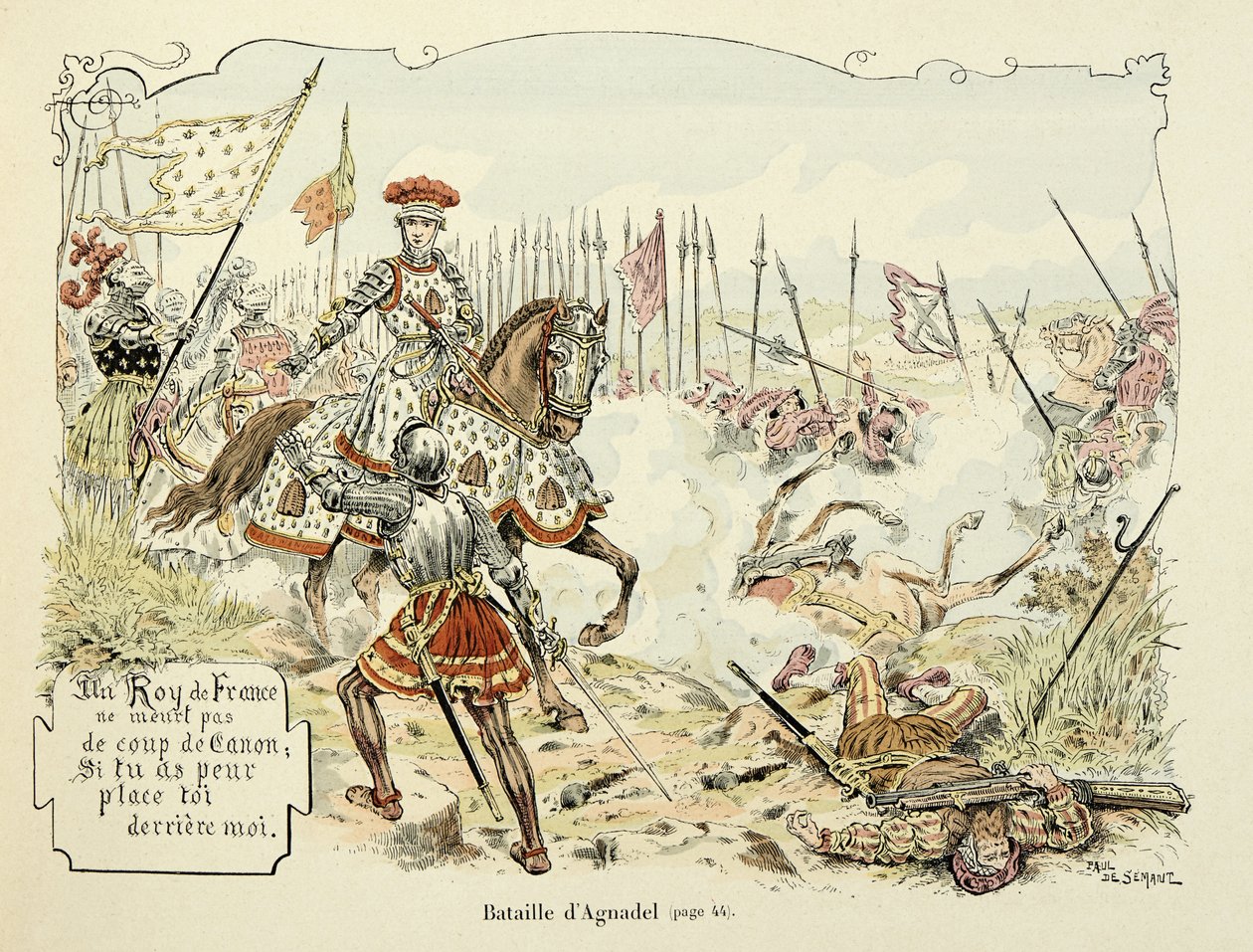 رسم توضيحي مأخوذ من كتاب "Histoire du chevalier Bayard" بقلم ثيودور كاهو ، مصور من قبل بول دي سيمانت (1855-1915): معركة أغناديل 1509 بواسطة بول دي سيمانت