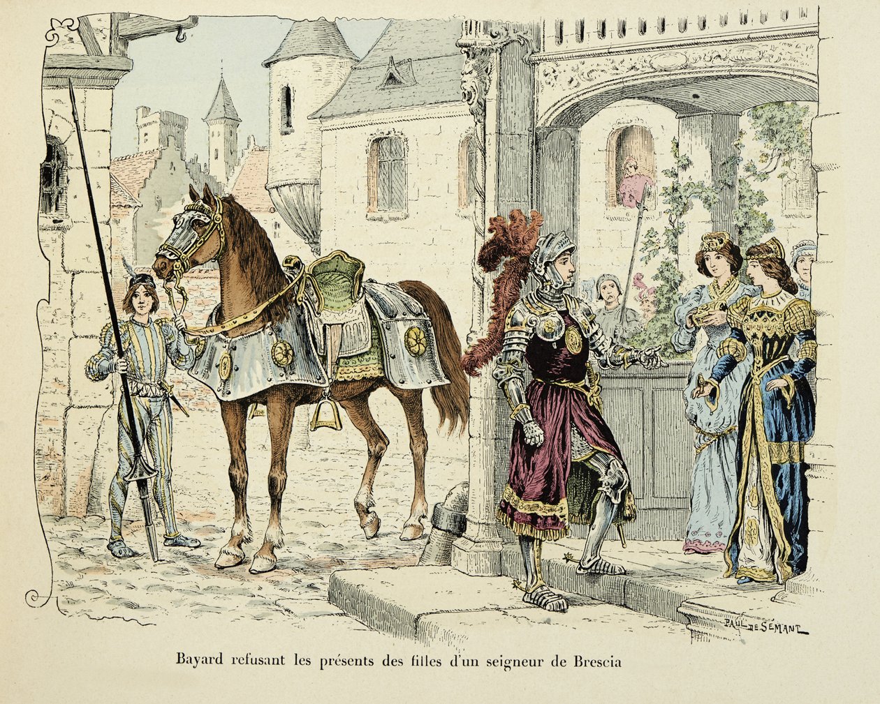 رسم توضيحي مأخوذ من كتاب "Histoire du chevalier Bayard" بقلم ثيودور كاهو ، رسمه بول دي سيمانت (1855-1915): بايارد يرفض هدايا بنات سيد بريشيا 1512 بواسطة بول دي سيمانت