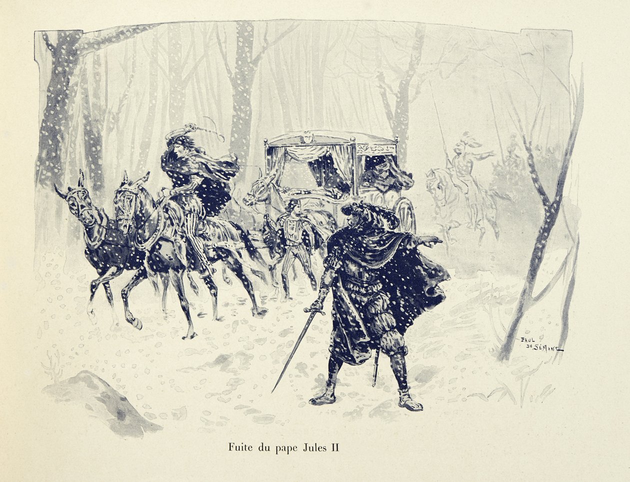 رسم توضيحي مأخوذ من كتاب "Histoire du chevalier Bayard" بقلم ثيودور كاهو ، مصور من قبل بول دي سيمانت (1855-1915): رحلة البابا يوليوس الثاني بواسطة بول دي سيمانت