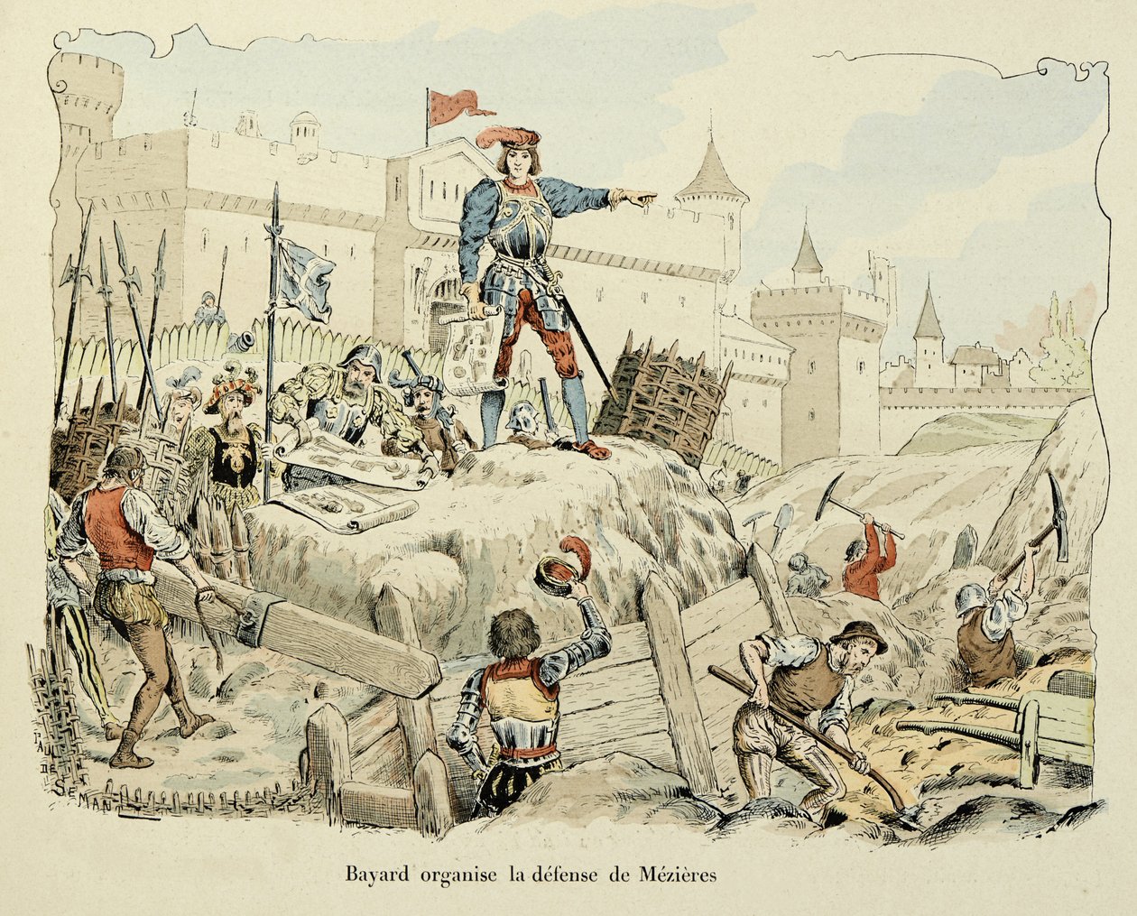 Illustration taken from the book “Histoire du chevalier Bayard” by Theodore Cahu, illustrated by Paul De Semant (1855-1915): Bayard organizes the defense of Mezieres 1521 بواسطة بول دي سيمانت