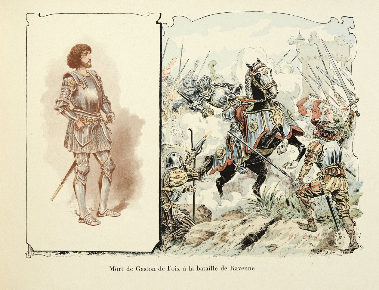 رسم إيضاحي مأخوذ من كتاب "Histoire du chevalier Bayard" بقلم ثيودور كاهو ، رسمه بول دي سيمانت (1855-1915): موت غاستون دي فوا (1489-1512) في معركة رافينا بواسطة بول دي سيمانت