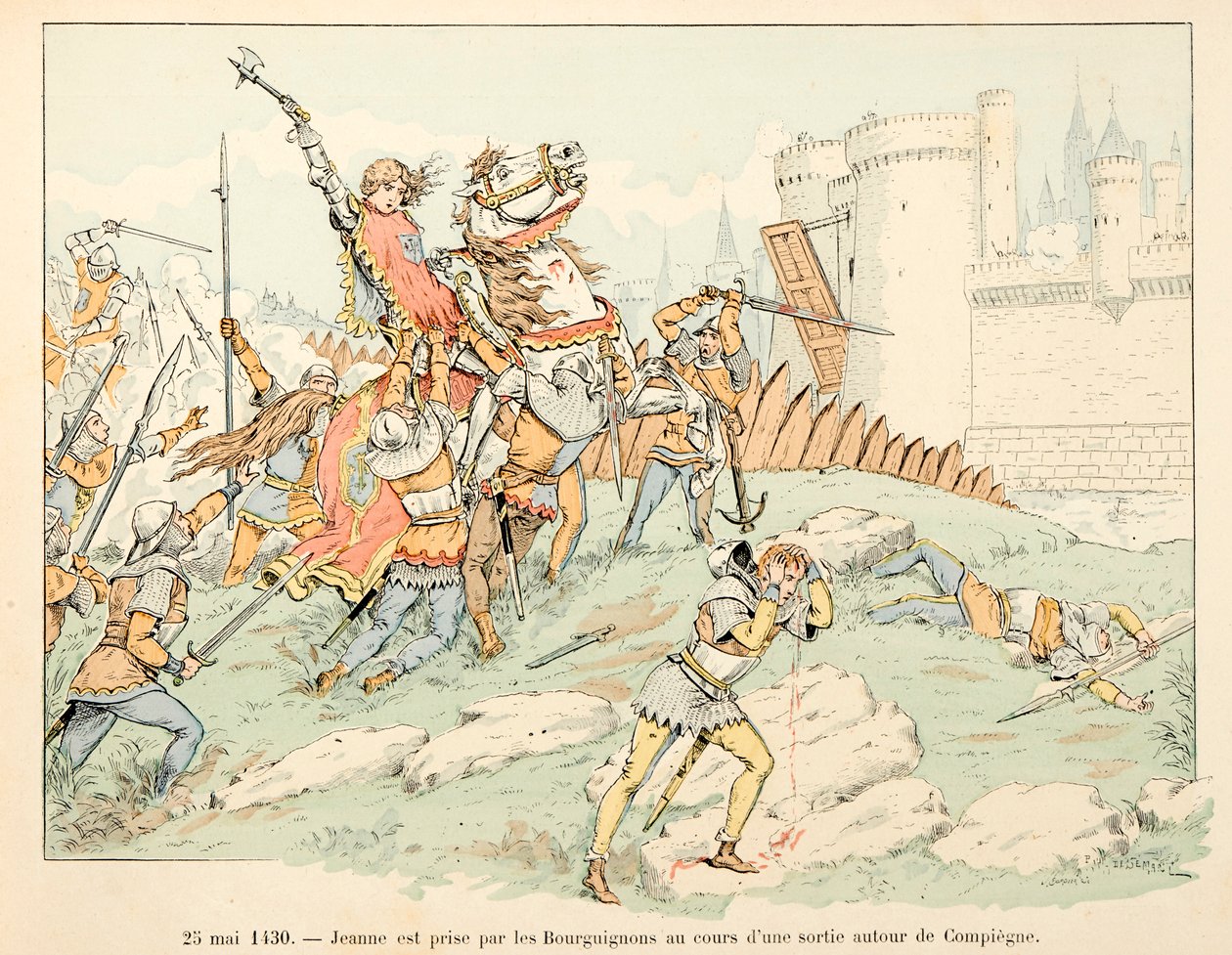 رسم توضيحي مأخوذ من كتاب "جان دارك" بقلم ثيودور كاهو ورسمه بول دي سيمانت (1855-1915): في 25 مايو بواسطة بول دي سيمانت
