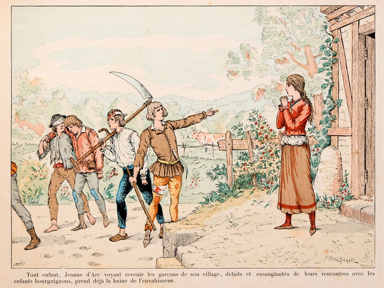 رسم توضيحي مأخوذ من كتاب "جان دارك" بقلم تيودور كاهو ورسمه بول دي سيمانت (1855-1915): طفلة جين تأخذ كراهية الغزاة برؤية أطفال قريتها دمويًا خلال مواجهاتهم مع البورغنديين بواسطة بول دي سيمانت