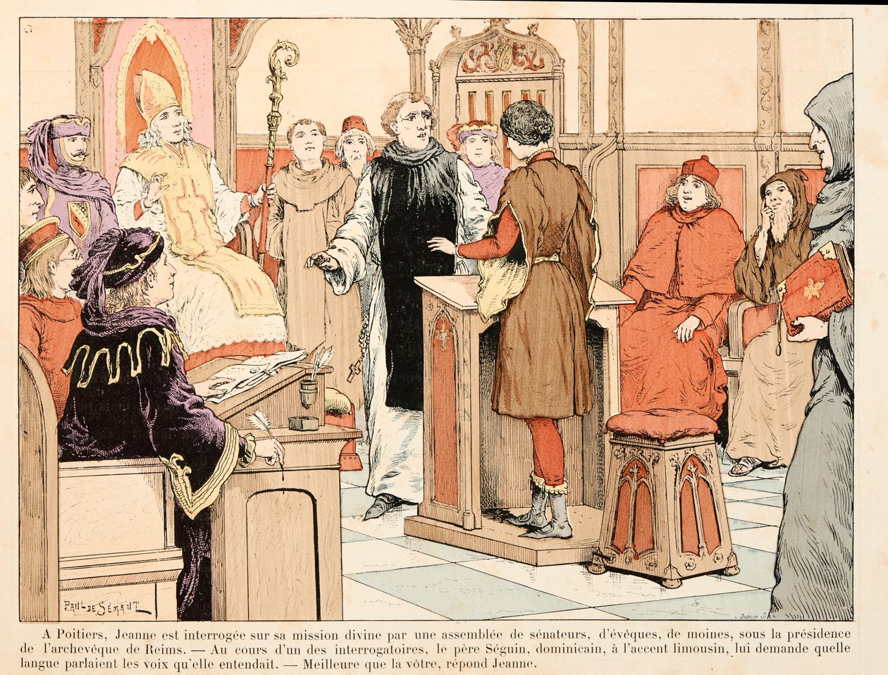 رسم توضيحي مأخوذ من كتاب "جان دارك" بقلم تيودور كاهو ورسمه بول دي سيمانت (1855-1915): استجوب بواتييه جين دارك من قبل الكنيسة تحت رئاسة Archeveque of Reims بواسطة بول دي سيمانت