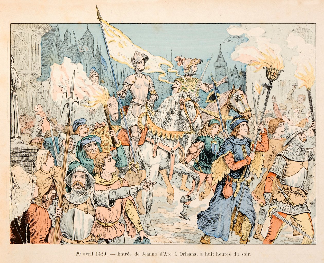 رسم توضيحي مأخوذ من كتاب "" جان دارك "" بقلم ثيودور كاهو ورسمه بول دي سيمانت (1855-1915): دخول جان دارك في أورليانز في 29 أبريل بواسطة بول دي سيمانت
