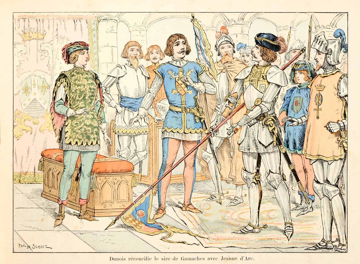 رسم توضيحي مأخوذ من كتاب "" جان دارك "" بقلم ثيودور كاهو ورسمه بول دي سيمانت (1855-1915): التوفيق دونوا بين أب جاماشيس وجوان دارك بواسطة بول دي سيمانت