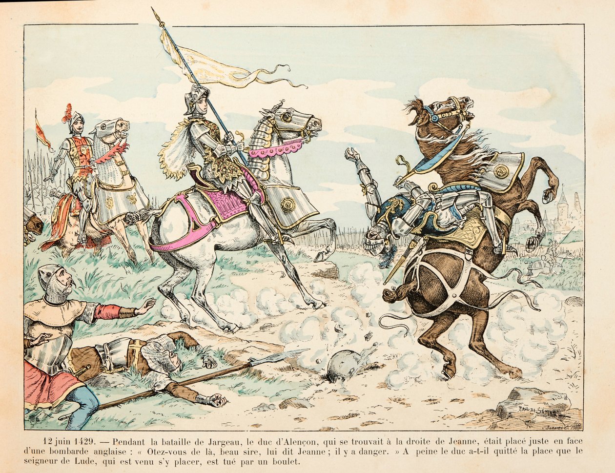 Illustration taken from the book “” Joan of Arc “” by Theodore Cahu and illustrated by Paul De Semant (1855-1915): 12 June 1429 The Lord of Lude kills by a ball during the Battle of Jargeau before Joan of Arc بواسطة بول دي سيمانت