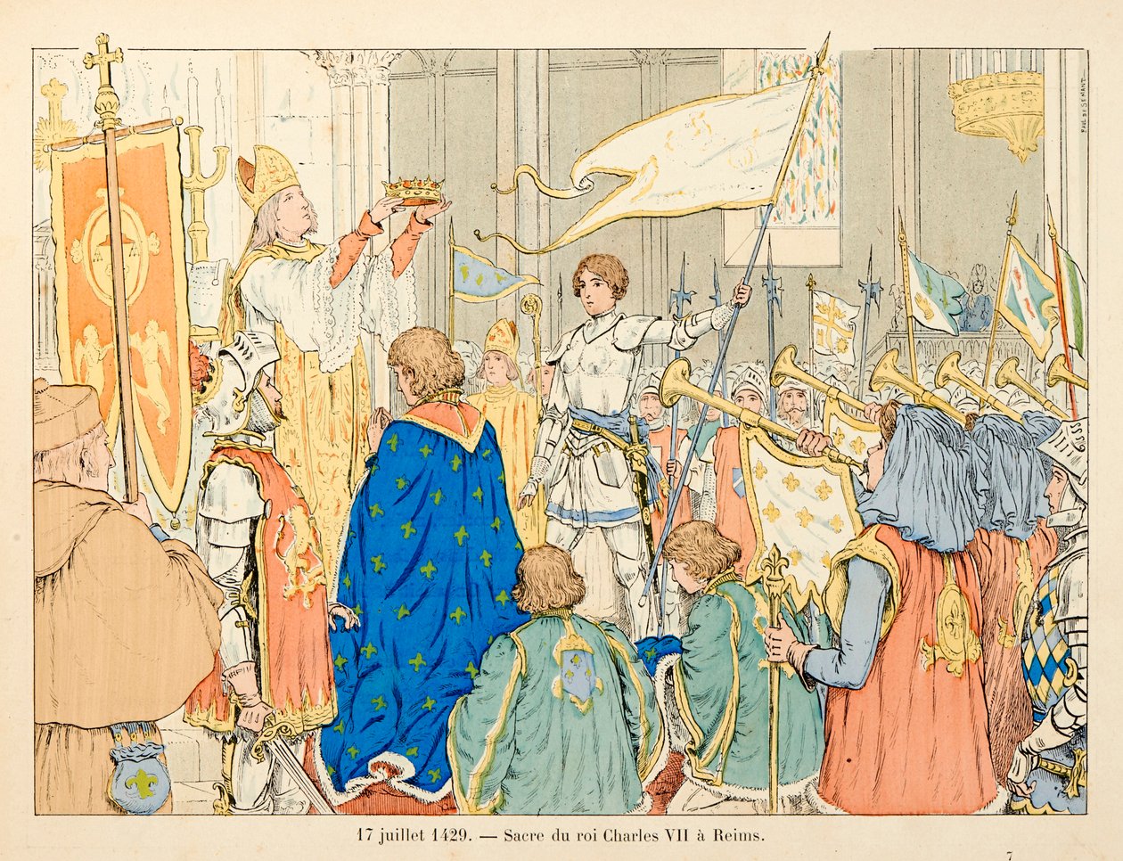 رسم إيضاحي مأخوذ من كتاب "جان دارك" بقلم ثيودور كاهو ورسمه بول دي سيمانت (1855-1915): ساكري الملك تشارلز السابع في ريمس في 17 يوليو بواسطة بول دي سيمانت