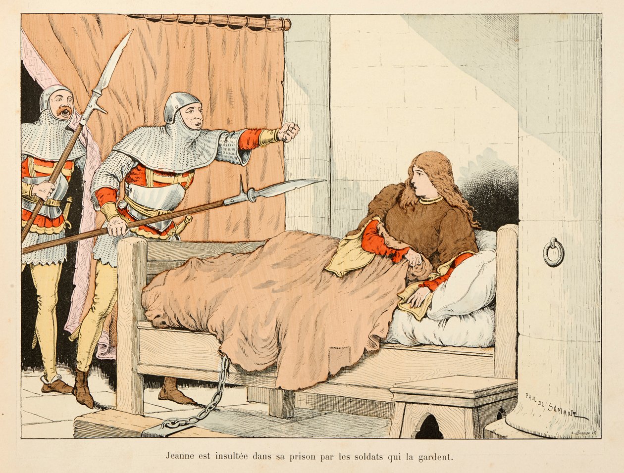 رسم توضيحي مأخوذ من كتاب "" جان دارك "" بقلم ثيودور كاهو ورسمه بول دي سيمانت (1855-1915): جان دارك يهينها الجنود في سجنها بواسطة بول دي سيمانت