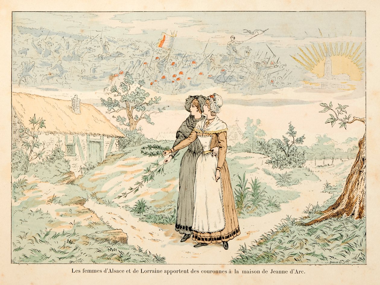 رسم توضيحي مأخوذ من كتاب "" جان دارك "" بقلم ثيودور كاهو ورسمه بول دي سيمانت (1855-1915): رمزي لذكرى جان دارك ؛ نساء الألزاس ولورين يجلبن التيجان إلى منزل جان دارك بواسطة بول دي سيمانت