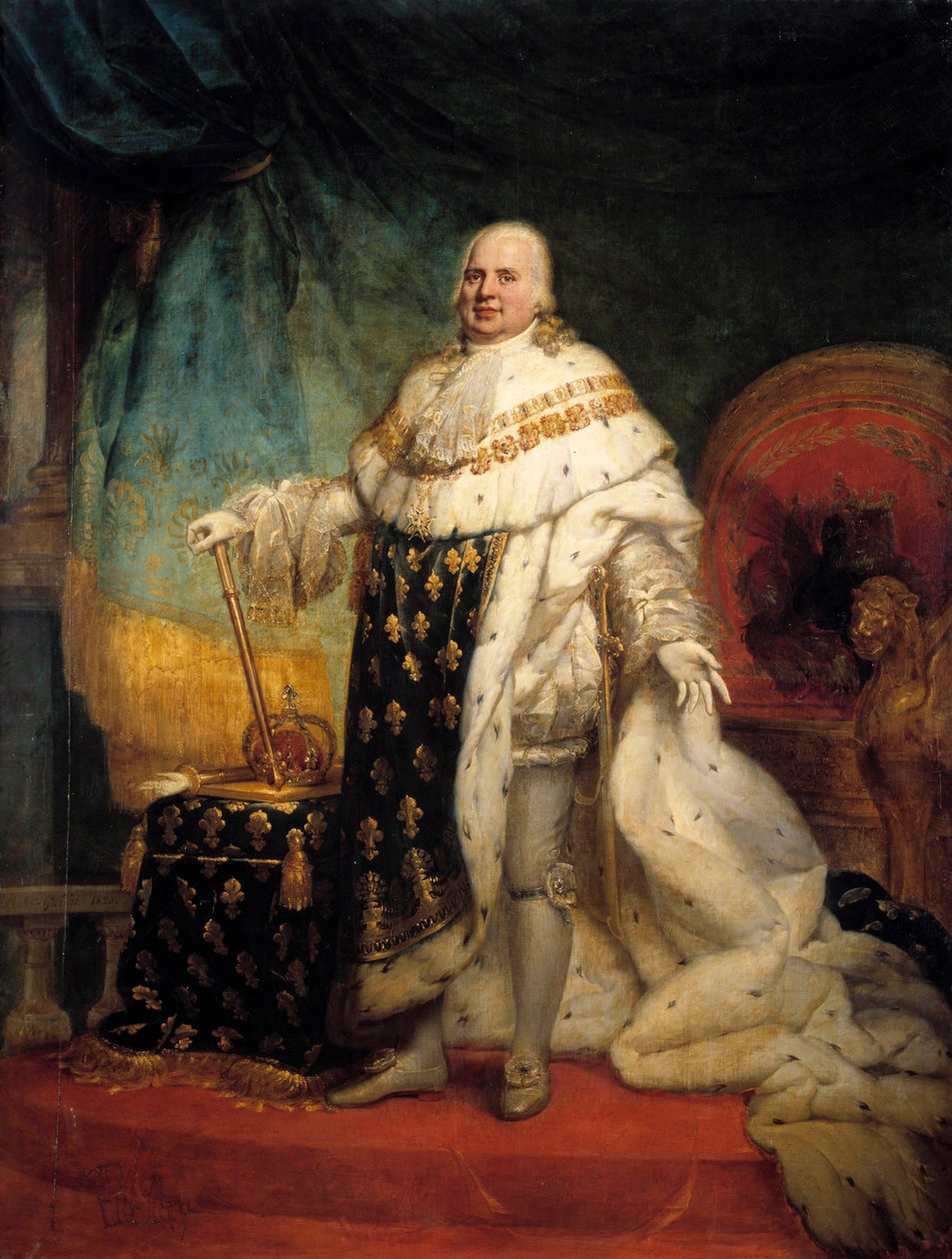 صورة كاملة الطول للويس الثامن عشر (1755-1824) في زي كوري لوحة رسمها جان بابتيست بولين جويرين (بولين جويرين) (1783-1855) 1824 صن. 2.69 × 2.04 م - صورة كاملة الطول للويس الثامن عشر (1755-1824) في رداء التتويج. لوحة بولين جويرين (17 بواسطة بولين جان بابتيست غيرين