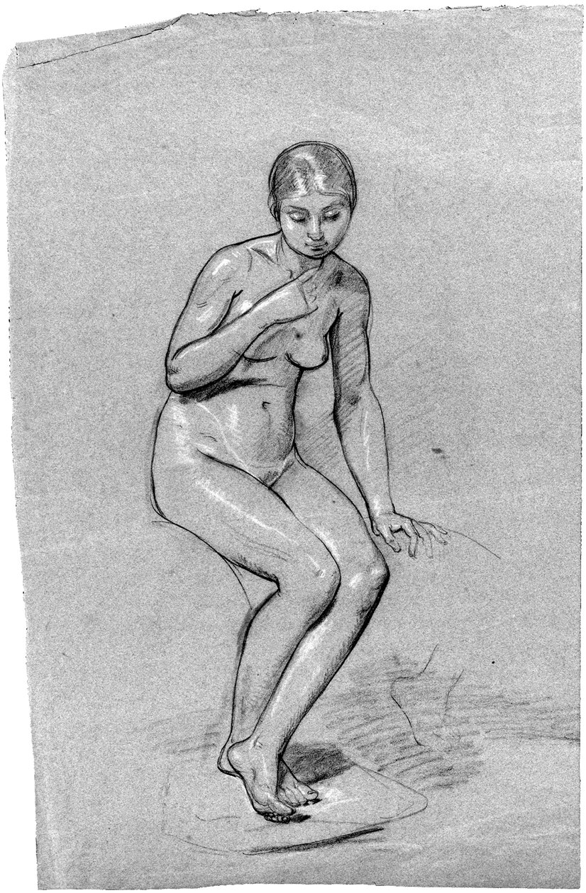 أنثى جالسة عارية ، تنظر إلى أسفل (طباشير على ورق) بواسطة بولين أوزو
