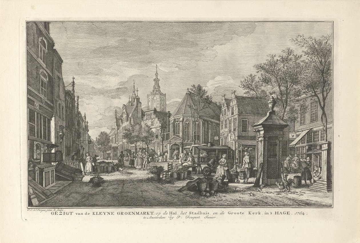 منظر لسوق ديلي غرين في لاهاي منظر من Kleyne Groenmarkt ، في Hal ، و Town Hall ، و Groote Kerk ، في لاهاي (العنوان على الكائن) ثمانية وجوه في لاهاي (عنوان المسلسل) بواسطة Paulus Constantijn la Fargue