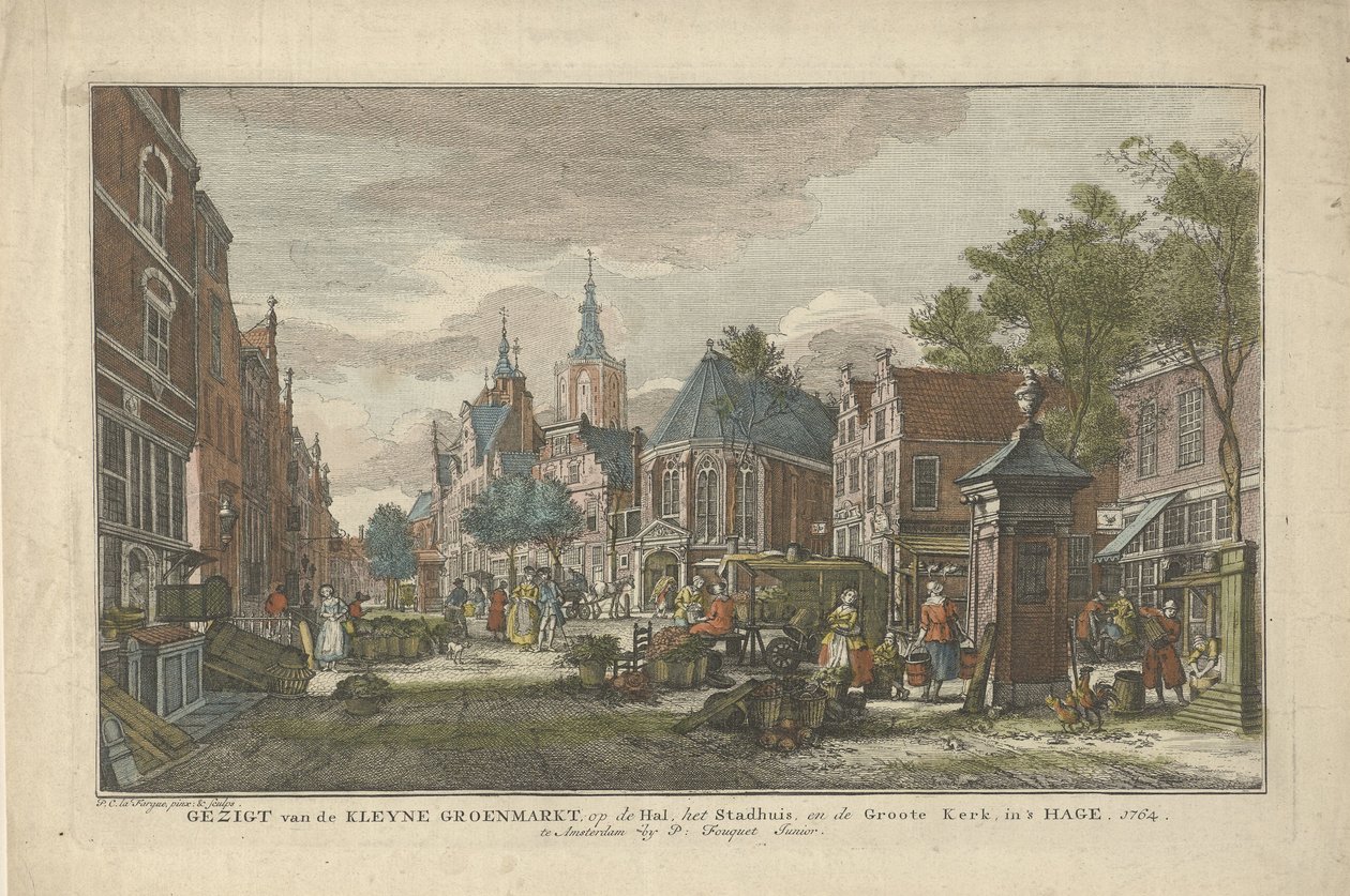 منظر لسوق ديلي غرين في لاهاي منظر من Kleyne Groenmarkt ، في Hal ، و Town Hall ، و Groote Kerk ، في لاهاي (العنوان على الكائن) ثمانية وجوه في لاهاي (عنوان المسلسل) بواسطة Paulus Constantijn la Fargue