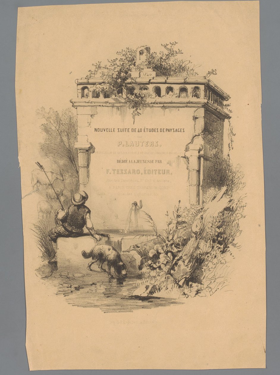 رجل مع كلب يجلس على حافة نافورة دراسات المناظر الطبيعية بواسطة Paulus Lauters (عنوان السلسلة) Nouvelle suite de 40 études de paysages par P. Lauters (عنوان السلسلة على الكائن) بواسطة باولوس لوترز