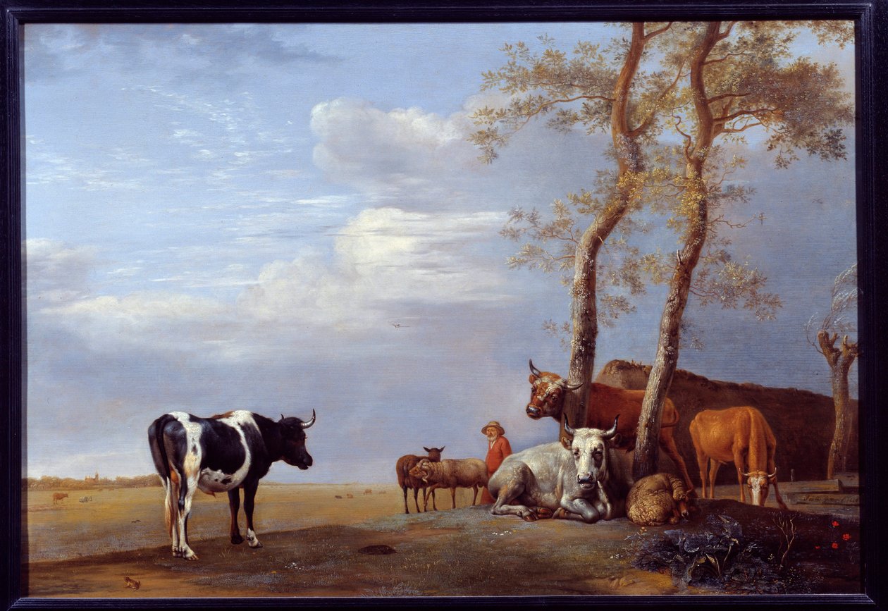 المناظر الطبيعية مع الفلاحين والحيوانات. لوحة بول بوتر (1625-1654) Ec. هول. بواسطة بول بوتر