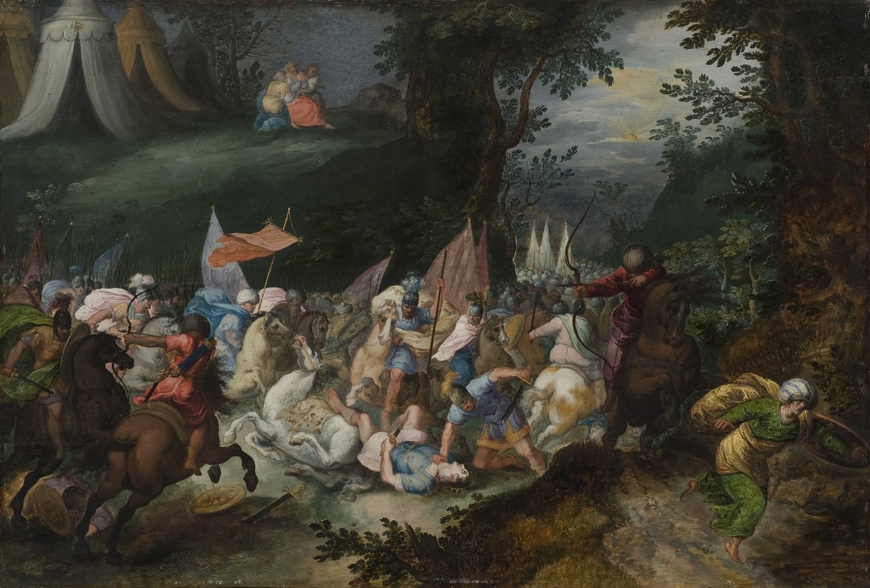 Bataille entre les Israelites et les Amalecites - معركة بين الإسرائيليين والعماليقيين ، بواسطة كاستيلس ، باولز (نشط حوالي 1649-1680). زيت على خشب. الأبعاد: 45x65 سم. المتحف الوطني ستوكهولم بواسطة باويل كاستيل