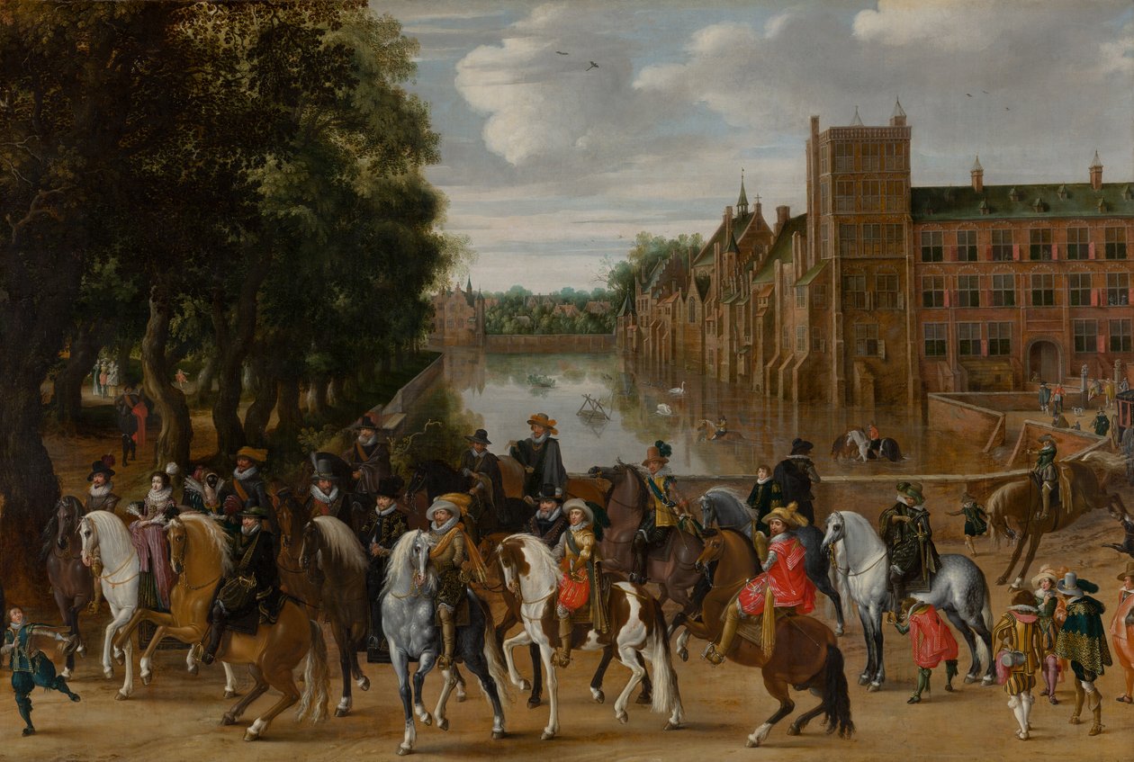 أمراء أورانج وعائلاتهم على ظهور الخيل ، يركبون من Buitenhof ، لاهاي ، ج. 1621-22 بواسطة Pauwels I van Hillegaert