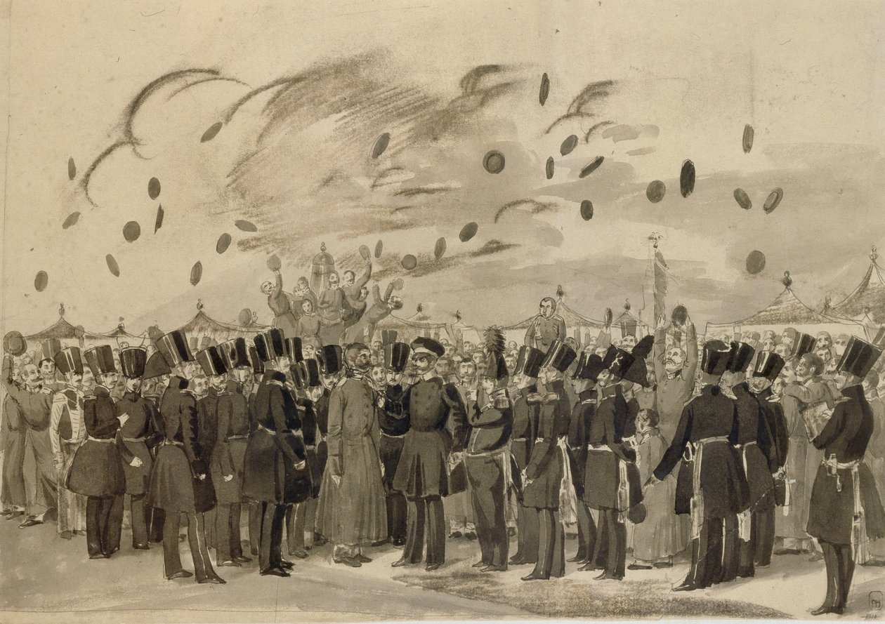 الدوق الأكبر ميخائيل بافلوفيتش يزور معسكر فوج فنلندا حارس الحياة في 8 يوليو 1837 ، 1837 بواسطة بافيل أندرييفيتش فيدوتوف