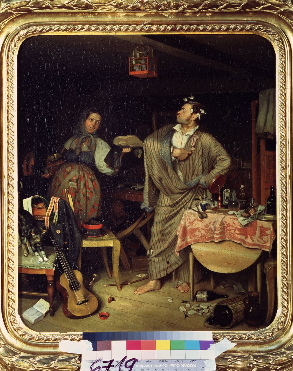 "" أنا فارس! (أو في صباح الضابط المزين حديثًا) (Fresh Cavalier (صباح موظف بيروقراطي يستلم أول صليب له) يرتدي جندي يرتدي ثوبًا ميداليته بفخر في الشقة الفوضوية. رسم بافيل فيدوتوف (18) بواسطة بافيل أندرييفيتش فيدوتوف