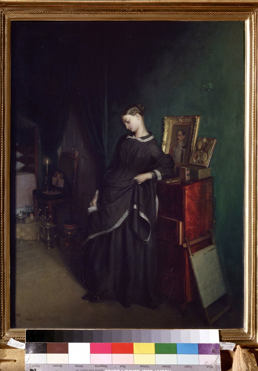 "الأرملة الشابة" خلفها صورة زوجها المتوفى. لوحة لبافيل أندريفيتش فيدوتوف (1815-1852) معرض الدولة تريتياكوف حوالي عام 1850 ، موسكو بواسطة بافيل أندرييفيتش فيدوتوف