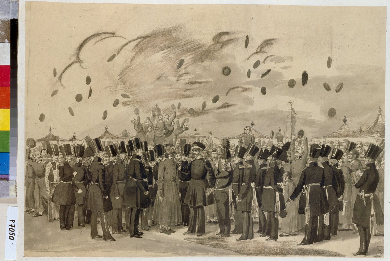 الدوق الأكبر مايكل بافلوفيتش (1798-1849) يزور معسكر فوج الحرس الإمبراطوري الفنلندي (أو فوج الحرس الفنلندي) ، 8 يوليو 1837. (الدوق الأكبر ميخائيل بافلوفيتش يزور معسكر فوج حرس الحياة الفنلندي في 8 يوليو بواسطة بافيل أندرييفيتش فيدوتوف