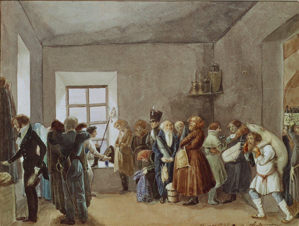 غرفة استقبال مفوضي الشرطة في الليلة التي تسبق عطلة ، 1837 بواسطة بافيل أندرييفيتش فيدوتوف