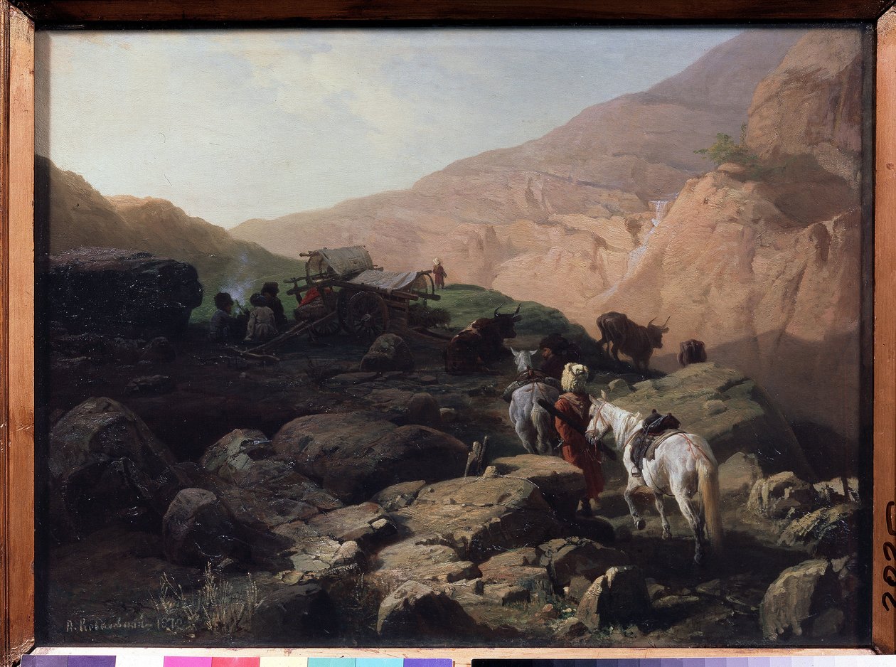 القوقاز (القوقاز). يتوقف المسافرون في الجبال حول نار حطب وعربات وفرق بالقرب منهم. ترعى الأبقار في الجوار ولا تزال الخيول تغلق رأسها في مرج عشبي. تمهيد اللوحة بواسطة بافيل أوسيبوفيتش كوفاليفسكي