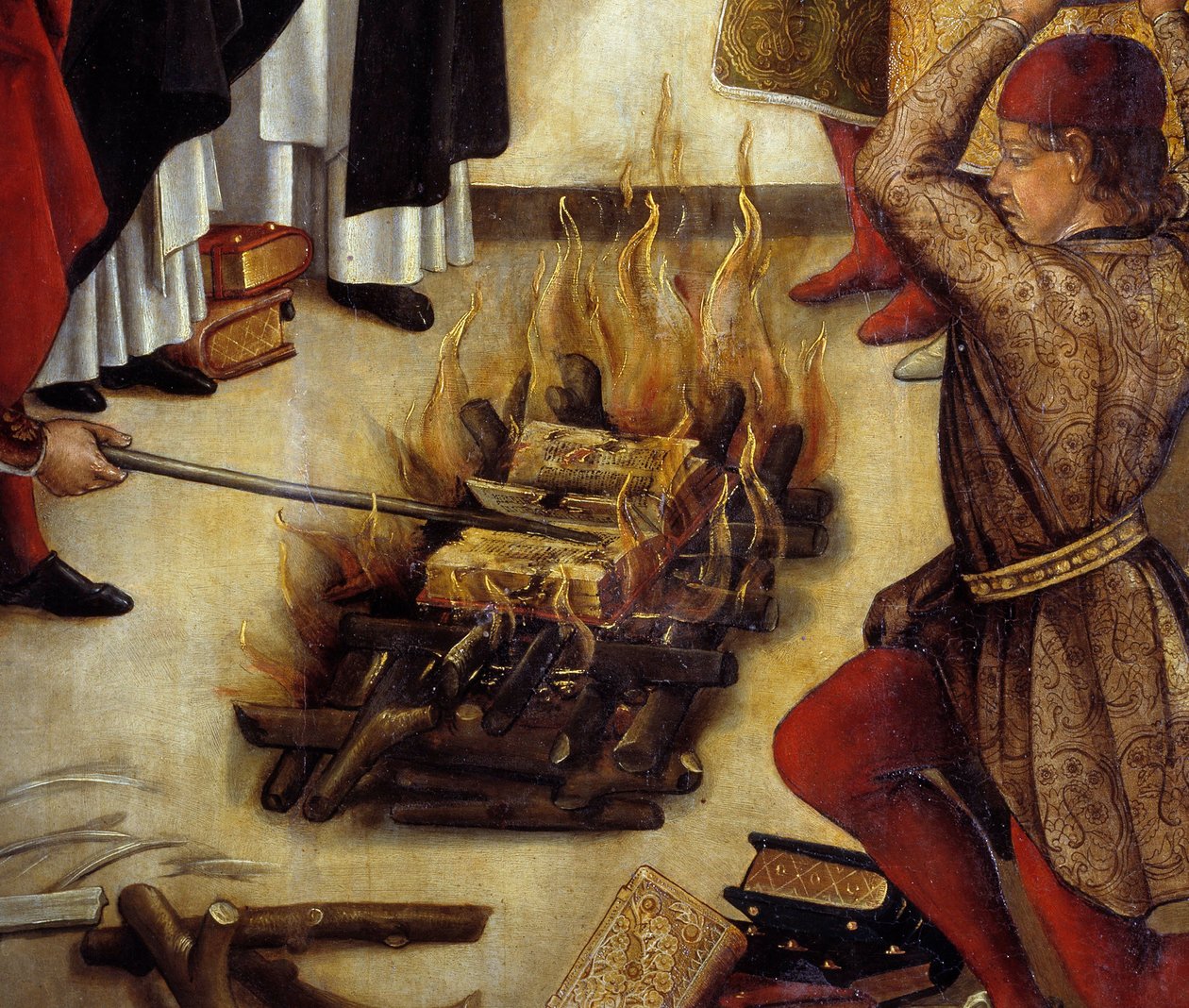 تفاصيل "" Saint Dominique et les Albigeois "(Le Miracle des Fanjeaux): يعطي القديس البيجوا الكتاب الذي يدحض هرطقةهم ويحاول البيجوا حرقها دون نجاح. لوحة بيدرو بيروجويتي (1450-1504). القرن السادس عشر الشمس. 1،22 × 0 بواسطة بيدرو بيروجويت