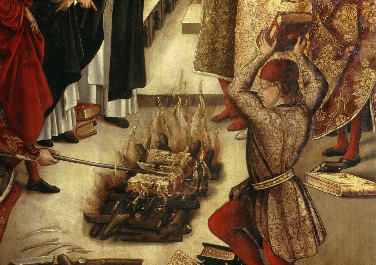 تفاصيل "" Saint Dominique et les Albigeois "(Le Miracle des Fanjeaux): يعطي القديس البيجوا الكتاب الذي يدحض هرطقةهم ويحاول البيجوا حرقها دون نجاح. التفاصيل. لوحة بيدرو بيروجويتي (1450-1504). القرن السادس عشر الشمس. بواسطة بيدرو بيروجويت