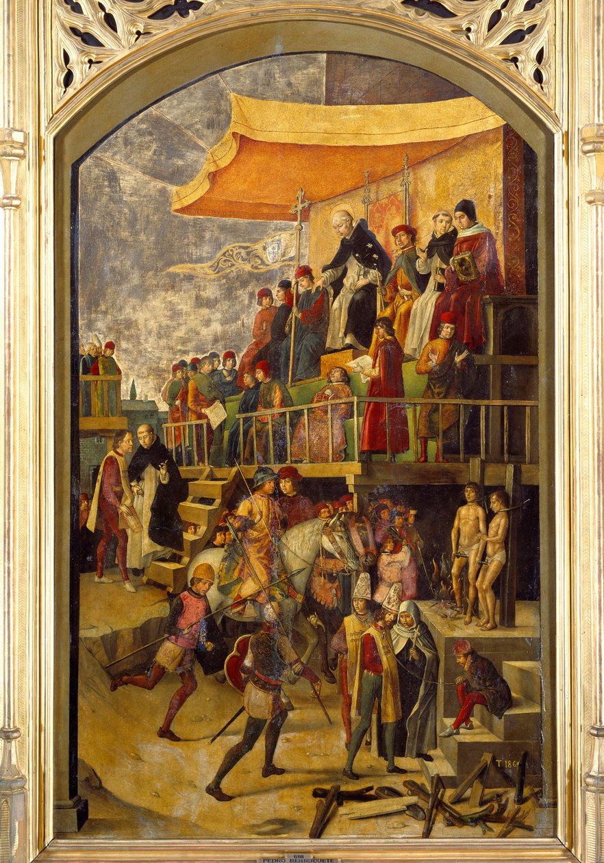 تحقيق "" Autodafe يترأسها القديس دومينيكا دي جوزمان (1170-1221) ، مؤسس النظام الدومينيكي "" الرسم على الخشب بقلم بيدرو بيروجويتي (1450-1504) 1495 صن. 1،54x0،92 م مدريد ، متحف دو برادو بواسطة بيدرو بيروجويت