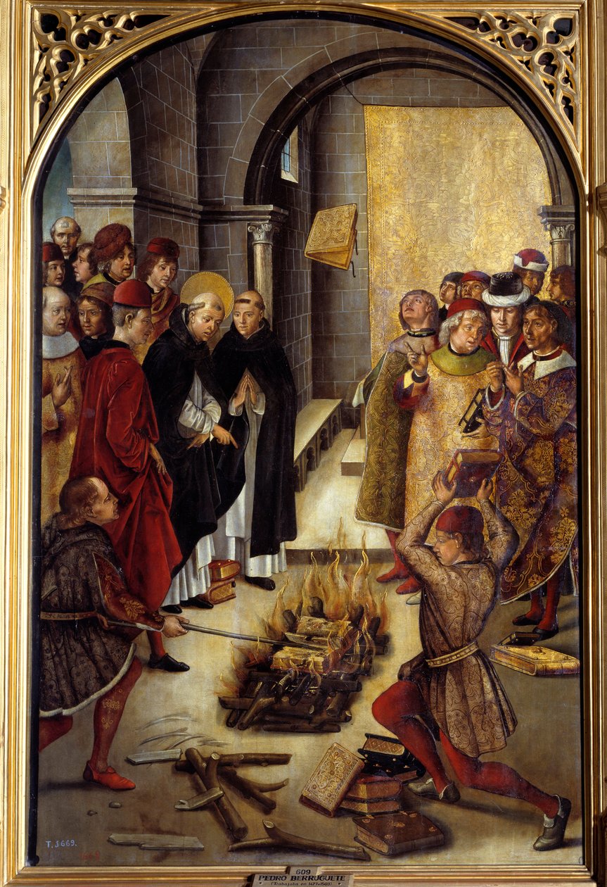 Saint Dominique and the Albigeois (Le Miracle des Fanjeaux): the saint gives the Albigeese the book refuting their heresie and the Albigeers try to burn it, without success. Painting by Pedro Berruguete (1450-1504). 16th century Sun. 1,22 x 0,83 m Madrid,  بواسطة بيدرو بيروجويت
