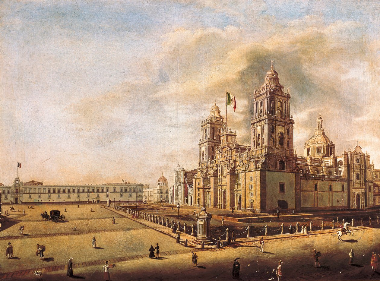 "" كاتدرائية متروبوليتان والقصر الوطني في مكسيكو سيتي "" لوحة بيدرو غوالدي (1809-1857) حوالي 1840 المتحف الوطني للتاريخ مكسيكو سيتي ، المكسيك بواسطة بيدرو جوالدي