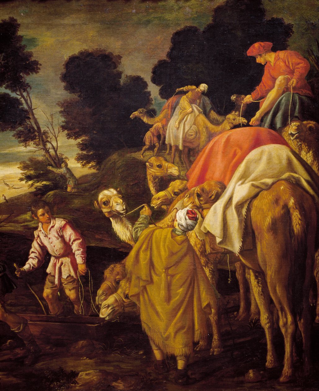 Caravan of camels, detail from Rebecca let Eliezer drink at well, painting by Pedro Orrente (circa 1580-1645), Spain بواسطة بيدرو أورنتي