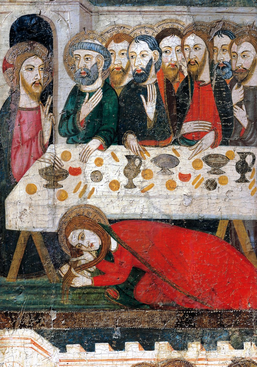 مريم المجدلية تغسل قدمي المسيح بشعرها ، بقلم بيدرو سيرا أو بيري سيرا (نشط بين 1363 و 1399) ، ترسم على الخشب. بواسطة بيدرو سيرا