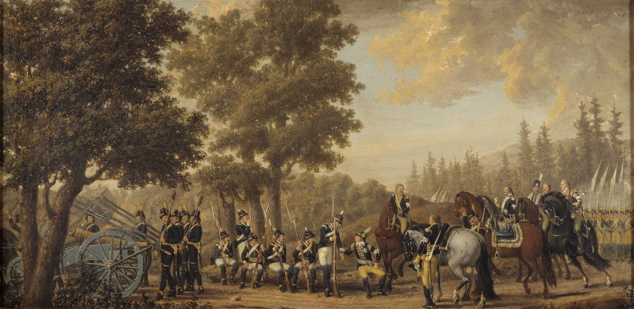 Le roi Gustave III de Suede (1746-1792) durant la guerre russo suedoise (1788-1790) - ملك السويد غوستاف الثالث في الحرب الروسية السويدية ، بقلم هيلستروم ، بير (1732-1816). زيت على قماش بواسطة بير هيلستروم