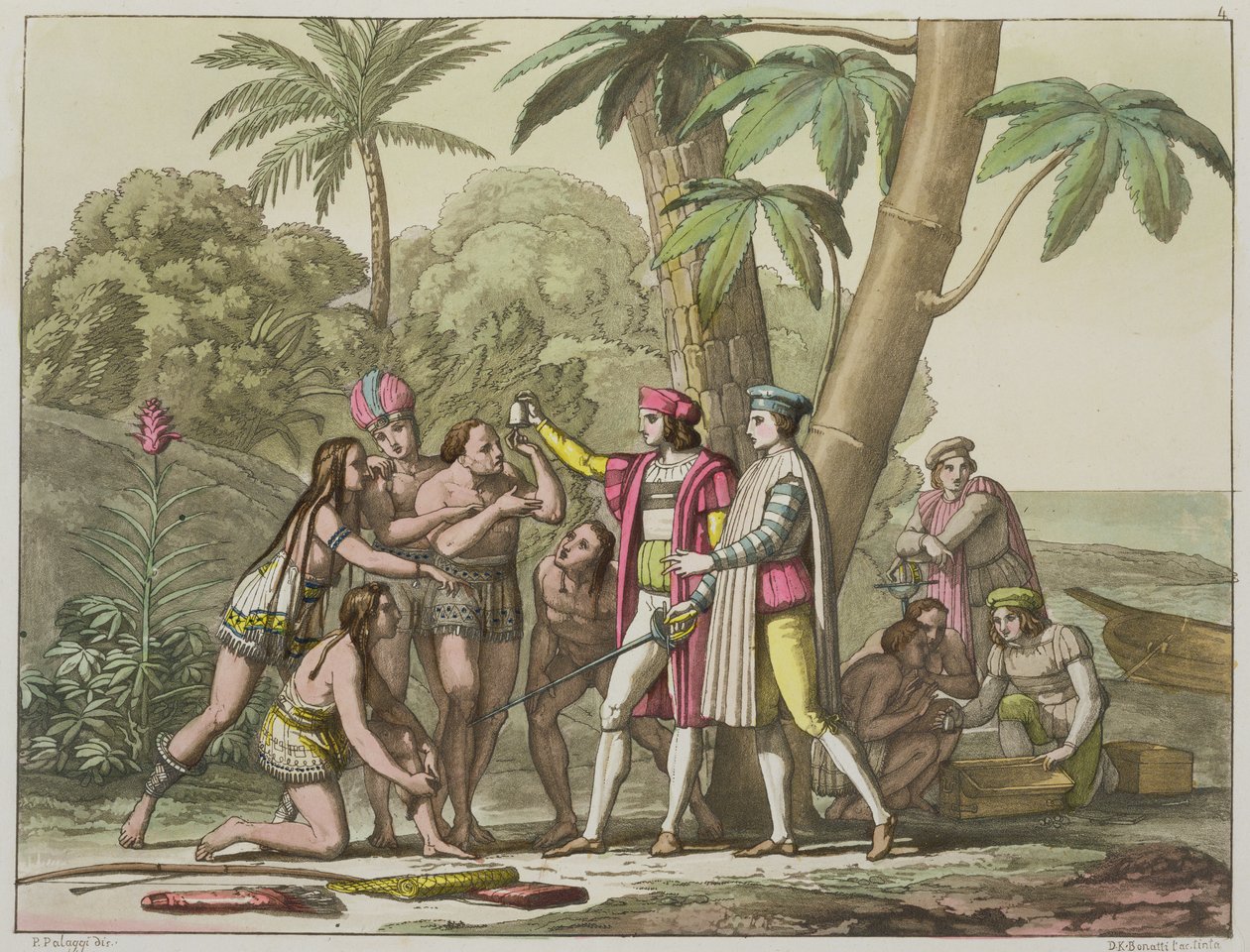 كريستوفر كولومبوس (1451-1506) مع الأمريكيين الأصليين ، من &39;Le Costume Ancien et Moderne&39; ، المجلد الأول ، اللوحة 4 ، بقلم جول فيراريو ، منقوش بواسطة DK Bonatti ، تم نشره في 1820s-30s (aquatint) بواسطة Pelagio Palagi
