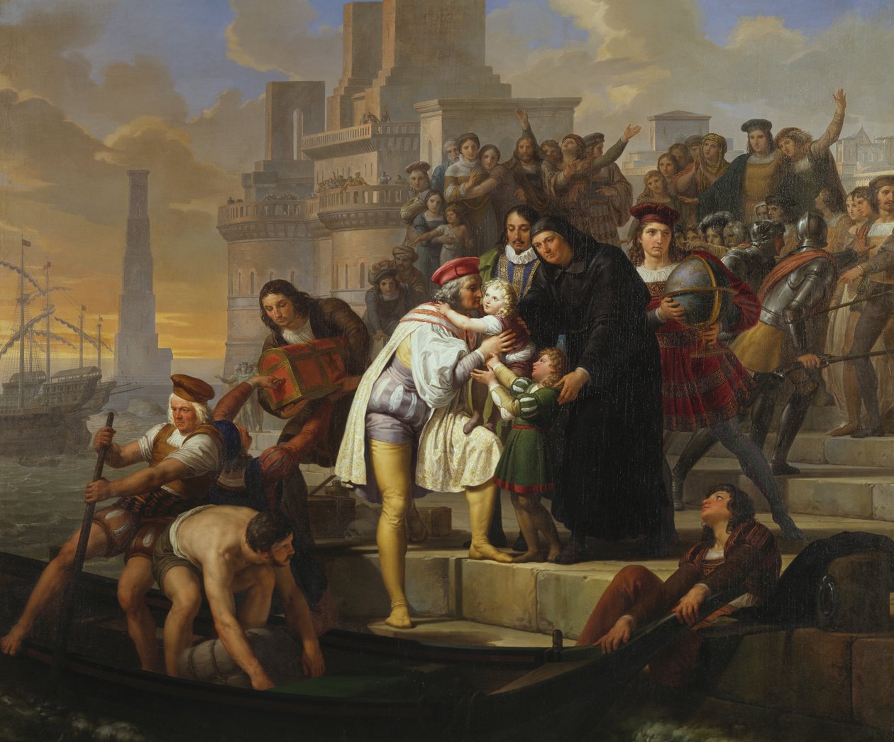 Christopher Columbus embracing his two sons and recommending them to Father Giovanni Perez before leaving Palos for the journey to discover America بواسطة Pelagio Palagi